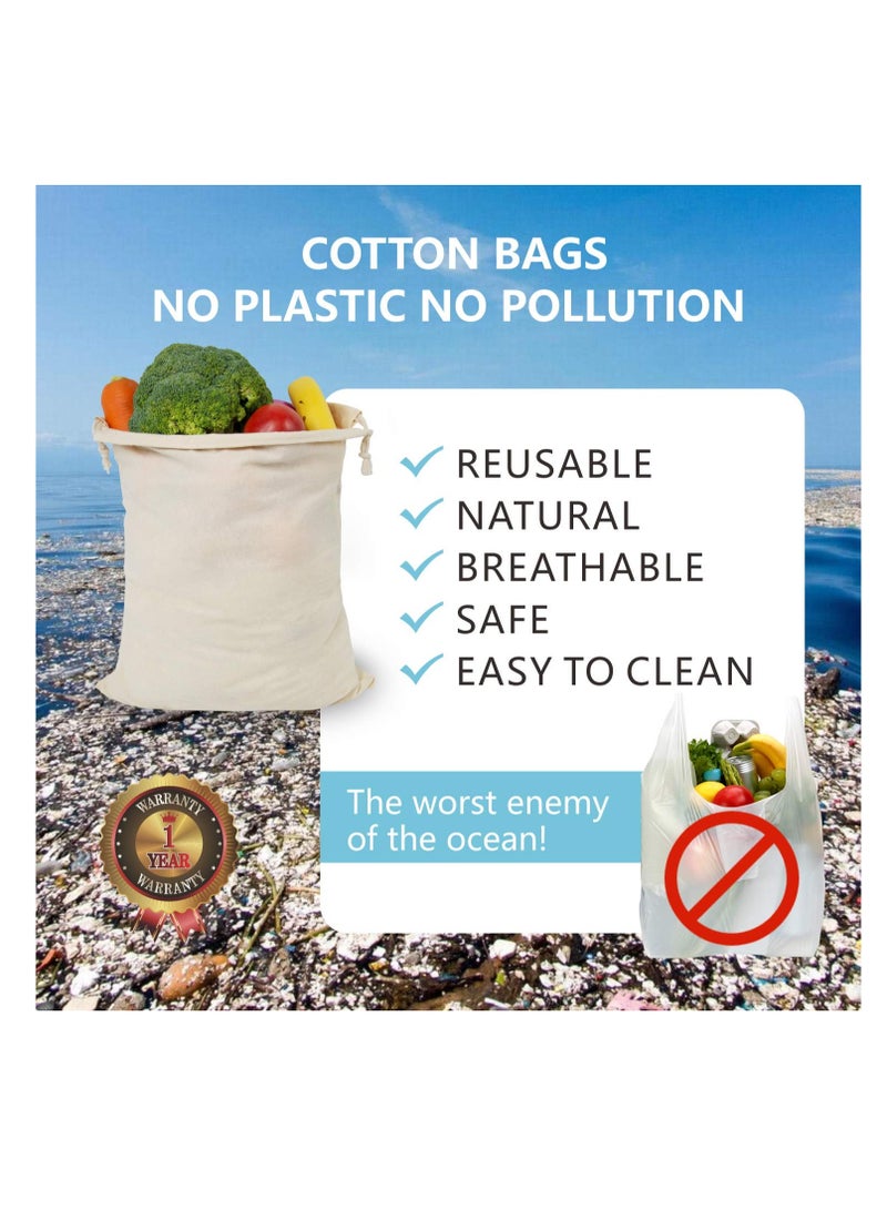 12 Pack 17cm*23CM Reusable Produce Bags, Muslin Bags with Drawstrings for Shopping and Storage, 100% Natural Cotton Bags, Washable, Biodegradable, for Fruit Vegetable and More, Food Safe