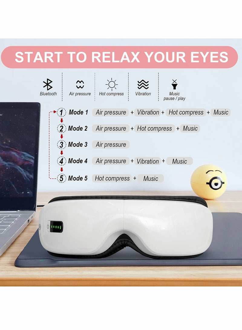 Eye Massager with Heat,Bluetooth Music Rechargeable Eye Heat Massager,Acupoints Point Eye Massage,Relax and Reduce Eye Strain Dark Circles Eye Bags Dry Eye-White