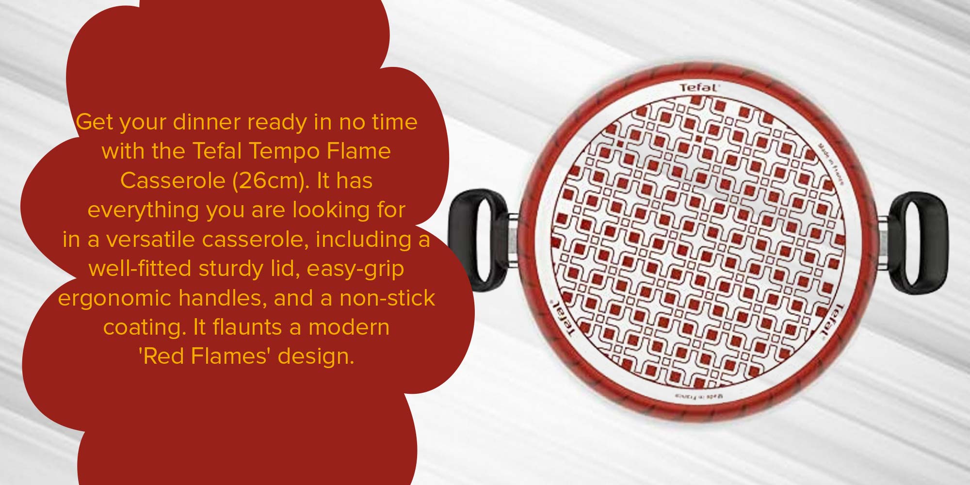 Tempo Flame Casserole With Lid Red/Black/Silver 26cm