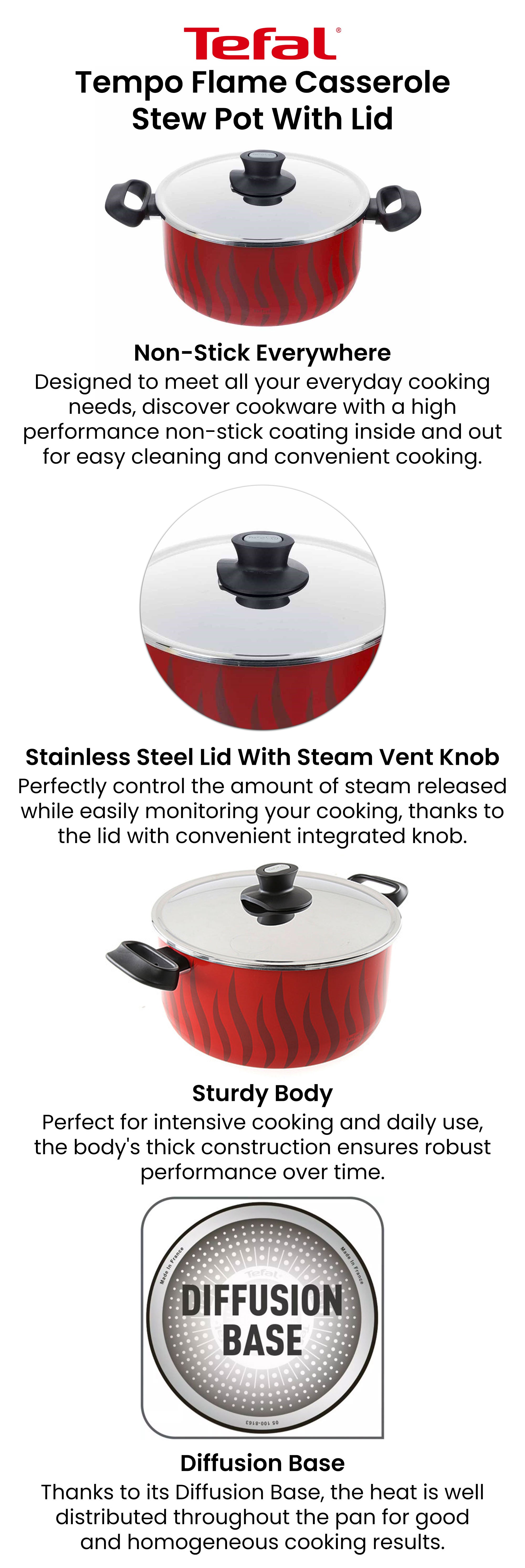 Tempo Flame Casserole Stew Pot With Lid Red 24cm