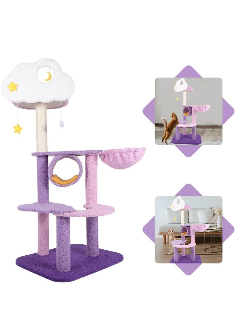 Cute Purple Cat Tree for Indoor Cats Multi-Level Cat Tower with Sisal Scratching Post  Plush Dangling Balls Pet Jungle Gym Cozy Plush Flower Cat Tree