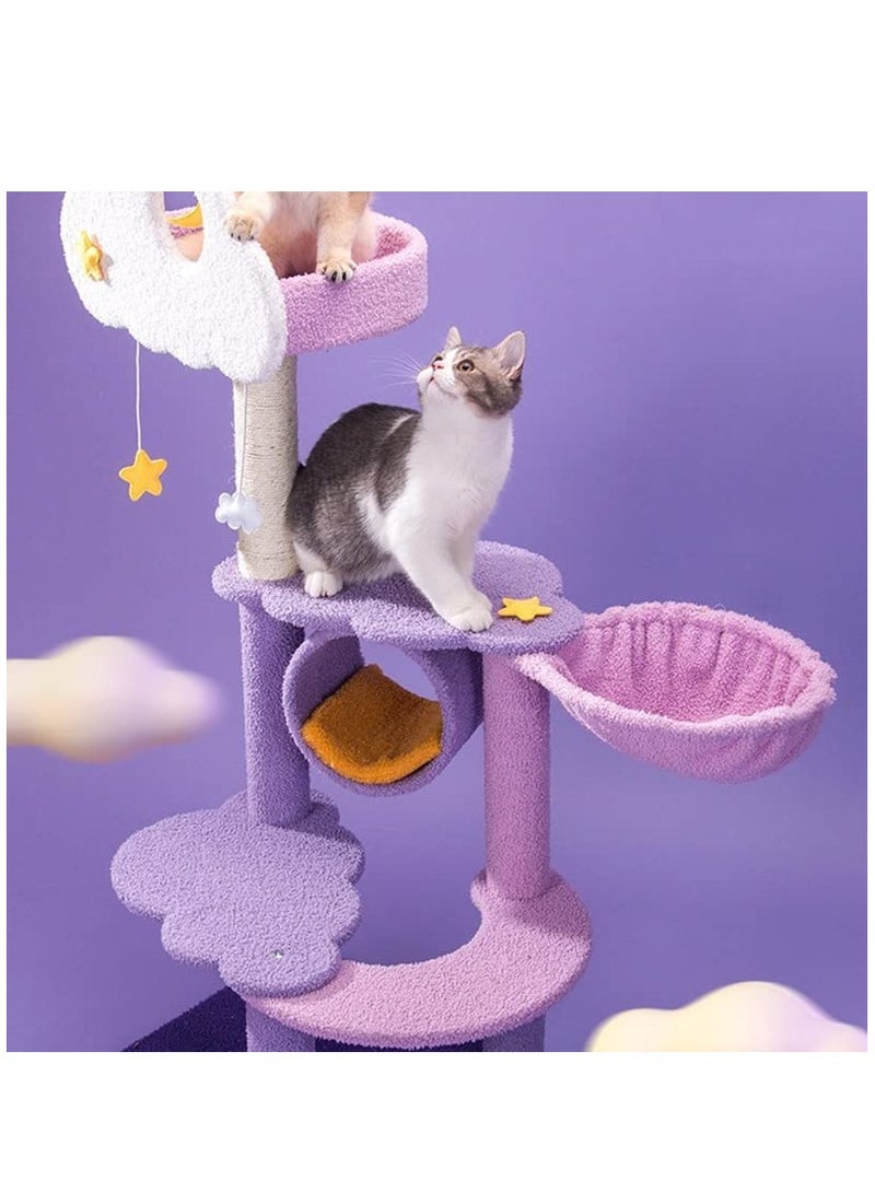 Cute Purple Cat Tree for Indoor Cats Multi-Level Cat Tower with Sisal Scratching Post  Plush Dangling Balls Pet Jungle Gym Cozy Plush Flower Cat Tree