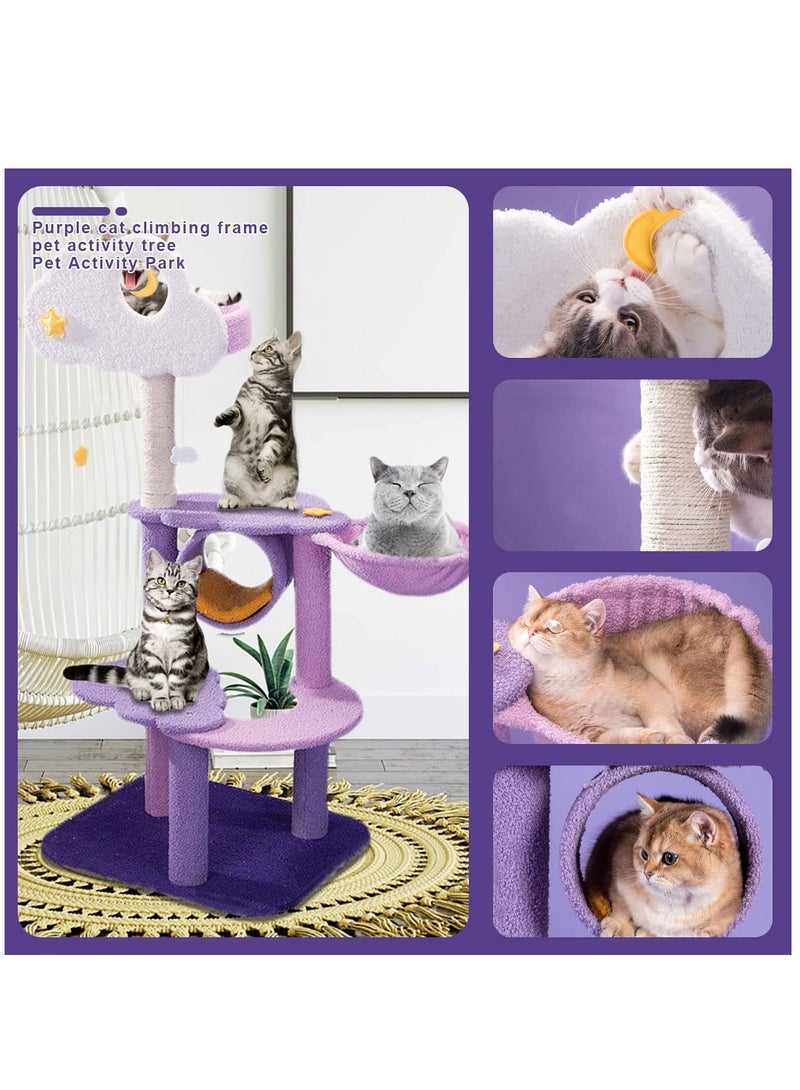 Cute Purple Cat Tree for Indoor Cats Multi-Level Cat Tower with Sisal Scratching Post  Plush Dangling Balls Pet Jungle Gym Cozy Plush Flower Cat Tree