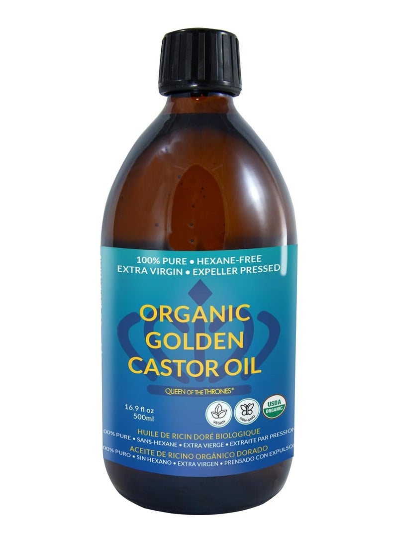 QUEEN OF THE THRONES Organic Golden Castor Oil - 500mL (16.9oz) | 100% Pure & Expeller-Pressed for Hair, Skin & Digestion | Hexane Free | USDA Certified