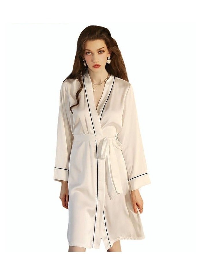 Women's Bathrobe Light Luxury Ice Silk Satin Cooling Nightgown Wrapping Design Breathable Skin-friendly Bathrobe White