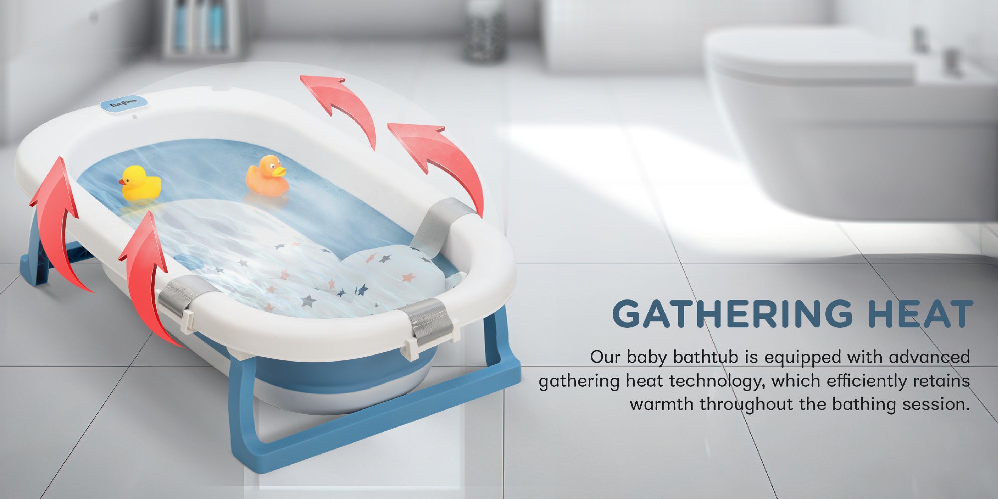 Foldable Baby Bath Tub With Anti-Skid Base, Support Cushion, Temperature Sensing Plug And Wall Mountable 0-3 Years, Blue