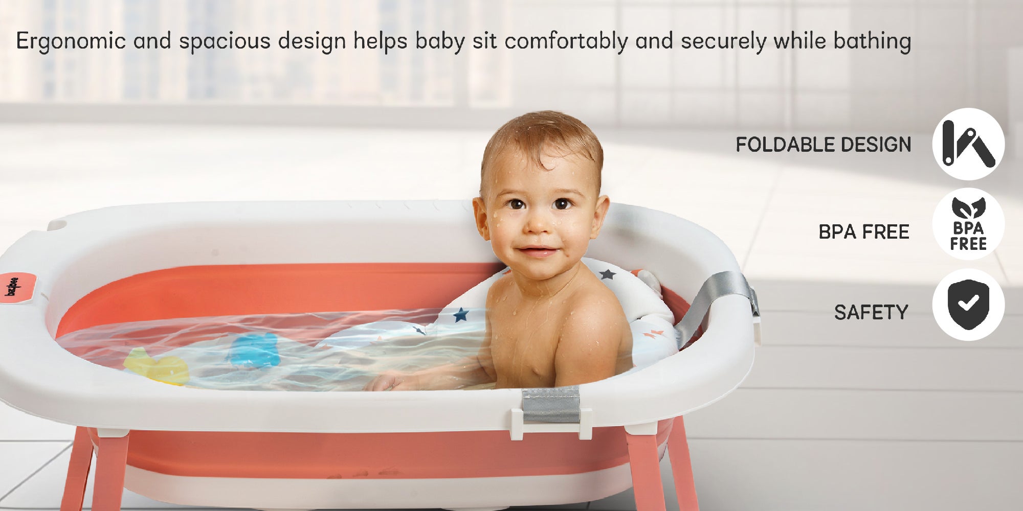 Foldable Baby Bath Tub With Anti-Skid Base, Support Cushion, Temperature Sensing Plug And Wall Mountable 0-3 Years, Blue