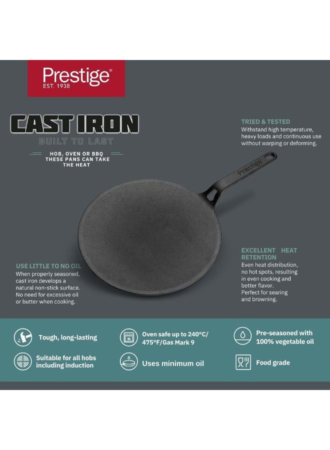 Prestige Cast Iron Curved Tawa 26 cm | Induction Cast Iron Tawa Pan for Roti/Chapati/Dosa  with Stick Handle | Pre-Seasoned Cast Iron Cookware PR48884