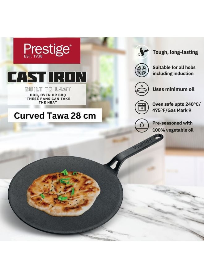 Prestige Cast Iron Curved Tawa 26 cm | Induction Cast Iron Tawa Pan for Roti/Chapati/Dosa  with Stick Handle | Pre-Seasoned Cast Iron Cookware PR48884