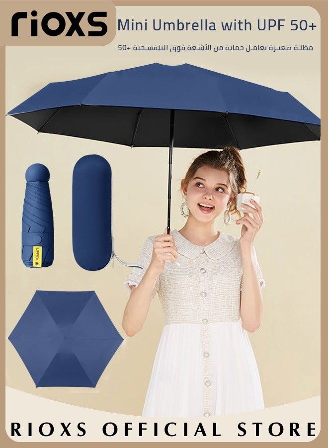 Portable Travel Umbrella with Storage Box Mini Umbrella with UPF 50+ UV Sun Protection Lightweight 6 Ribbed Compact Pocket Umbrella for Men Women Kids