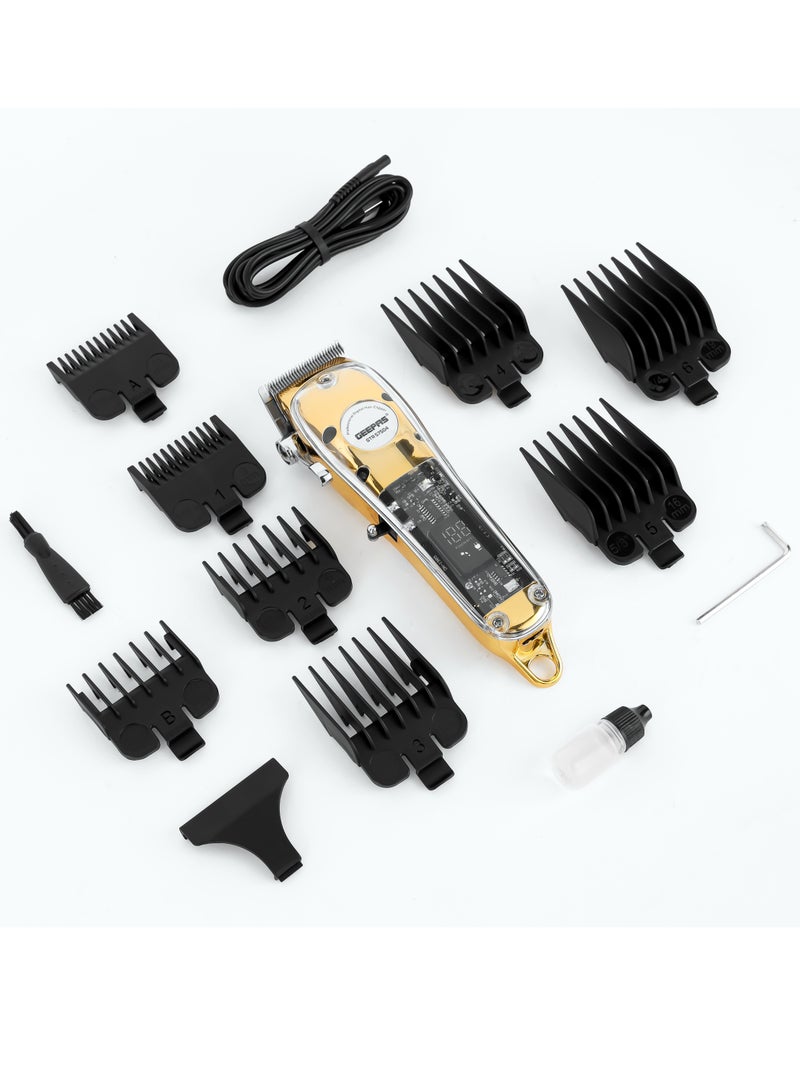 Geepas Professional Digital Hair Clipper- GTR57504/ with High-Capacity Battery and Fast USB Charging/ 4 Adjustable Cutting Blades and 8 Different Length Limit Combs/ LCD Display
