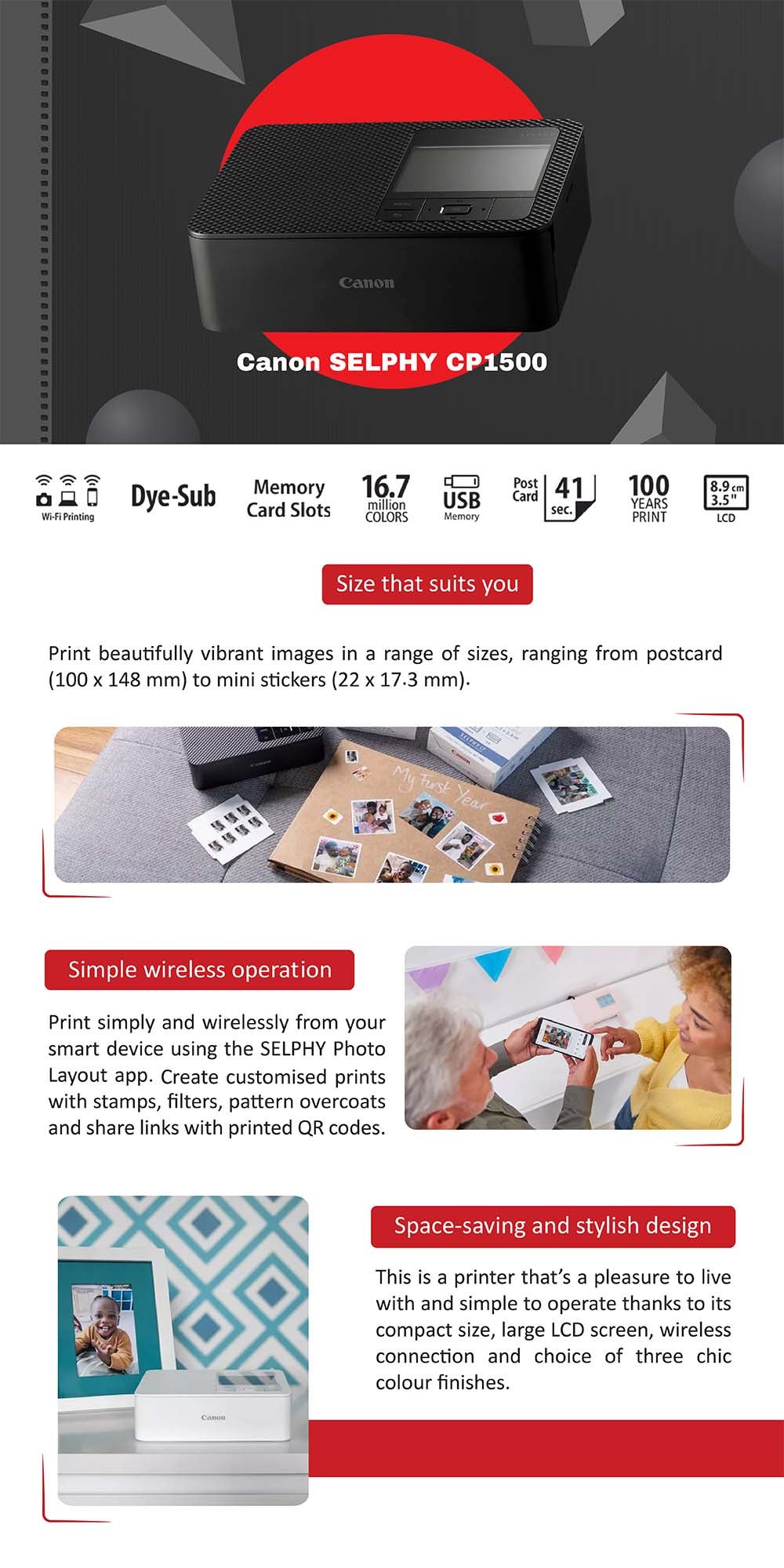 Selphy CP1500 With 108 Sheet And Ink Set Black