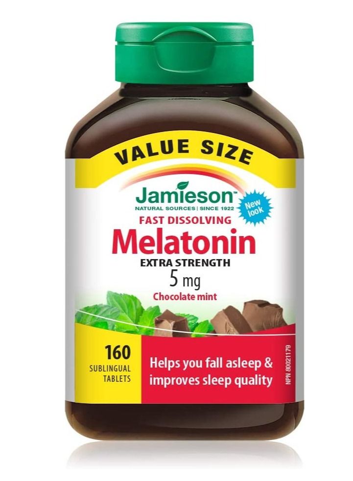 Melatonin 5 mg Extra Strength Chocolate Mint Flavour Fast Dissolving 160 Tablets Value Size