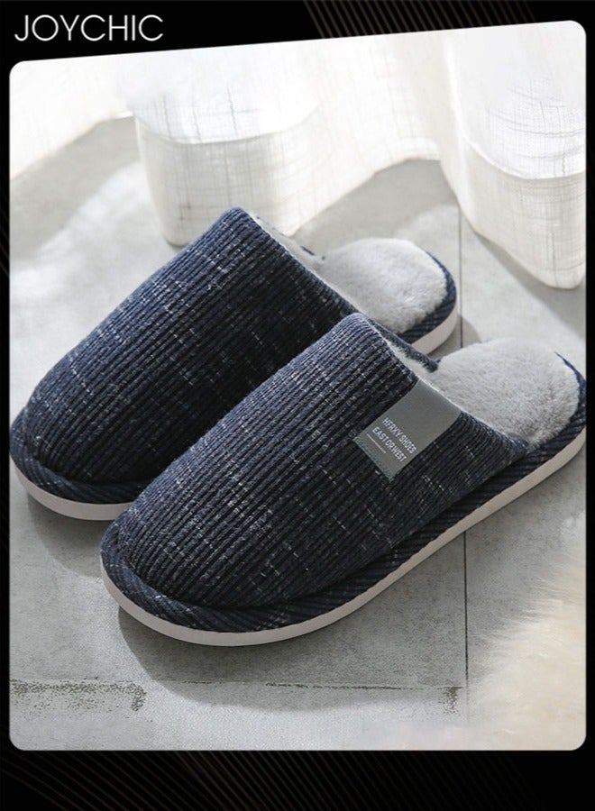 Men's Autumn and Winter Cotton Breathable Home Indoor Slippers Soft Sole Thickened Plush Warm Bedroom Slippers Dark Blue