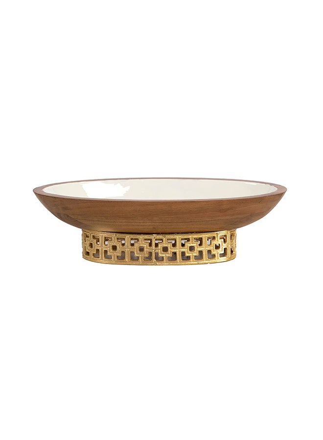 Damask Boat Shape Bowl with Enamel, White & Gold - 38x18 cm