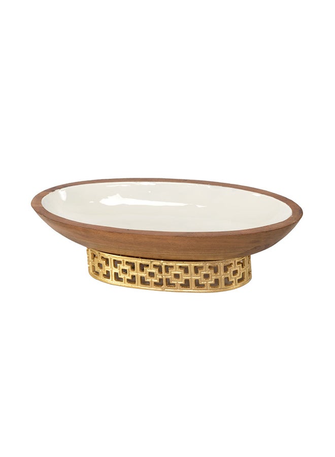 Damask Boat Shape Bowl with Enamel, White & Gold - 38x18 cm