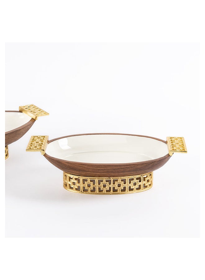 Damask Small Wooden Oval Bowl, White & Gold - 39x22 cm