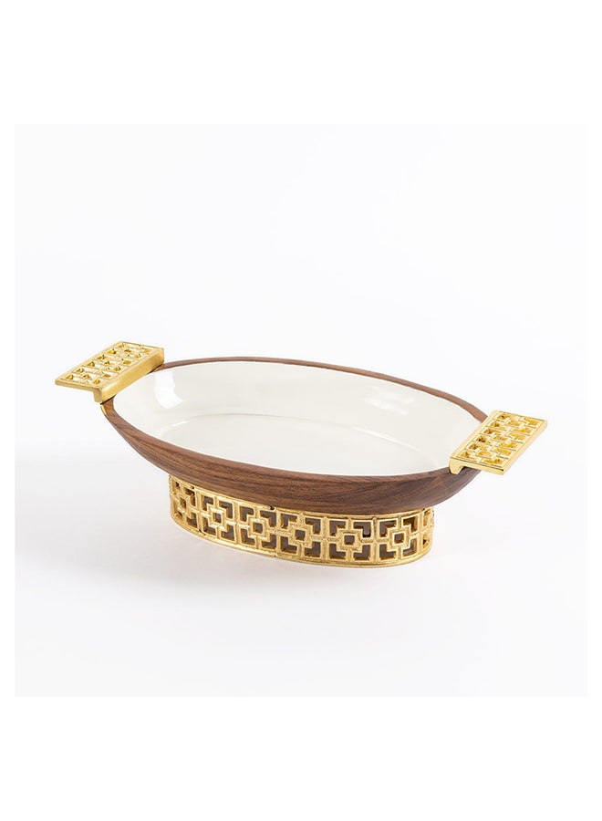 Damask Small Wooden Oval Bowl, White & Gold - 39x22 cm