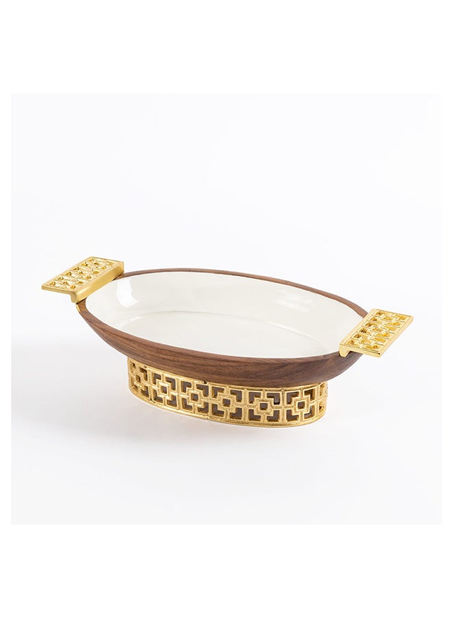 Damask Large Wooden Oval Bowl, White & Gold - 47x22 cm