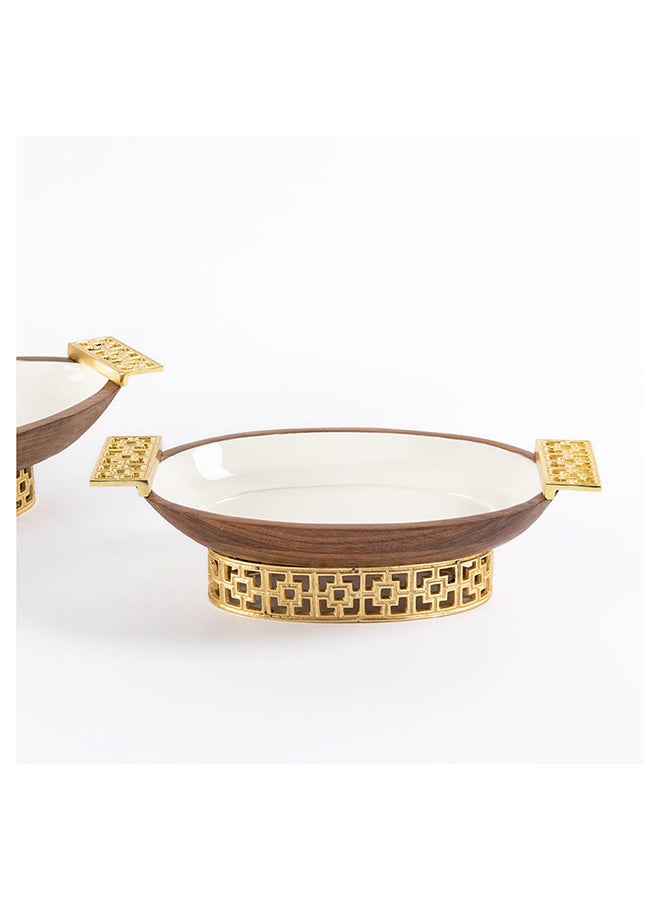 Damask Large Wooden Oval Bowl, White & Gold - 47x22 cm