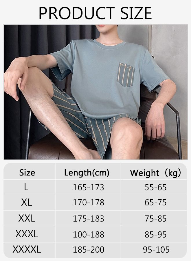 Men's Pajamas Set Nightwear Lightweight Round Neck Short Sleeve Stripes Short Pant Lounge 2 Pieces Sleepwear Nightgown Male Spring Summer Loungewear