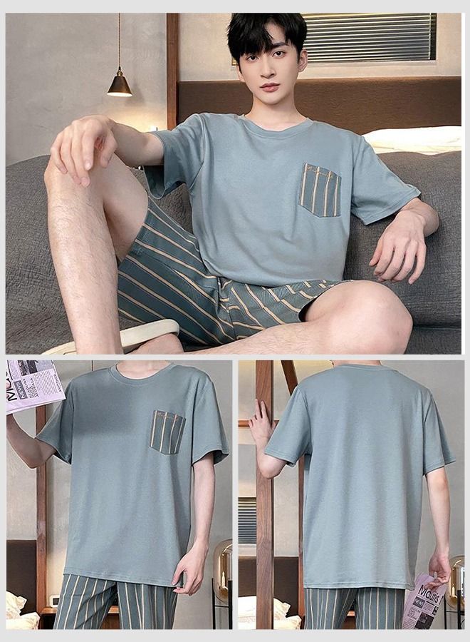 Men's Pajamas Set Nightwear Lightweight Round Neck Short Sleeve Stripes Short Pant Lounge 2 Pieces Sleepwear Nightgown Male Spring Summer Loungewear