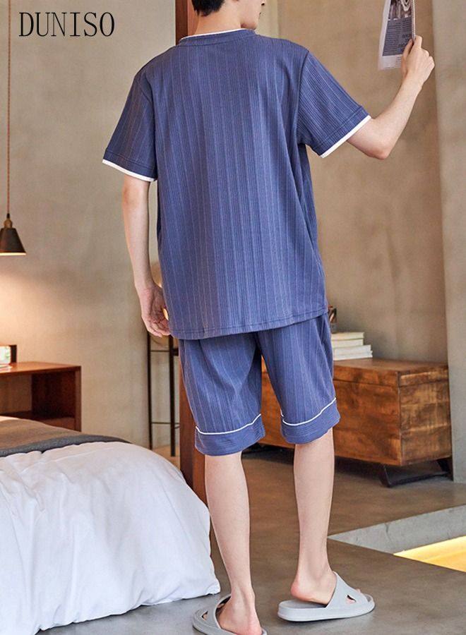 Men's Soft Pajamas Set 2 Piece Cotton Sleepwear Short Sleeve  Crewneck Top and Shorts Loungewear Summer Sleepwear Set Home Wear