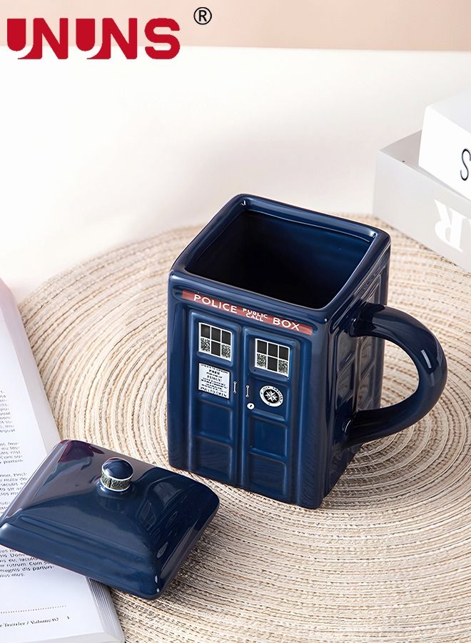 Coffee Mugs,Doctor Who Tardis Police Box Ceramic Coffee Mug,Square Shaped Ceramic Cup Coffee Cup With Lid,500 ML Tardis Mug For Tea Milk Or Other Drink, Creative Gift Kids Men Parents