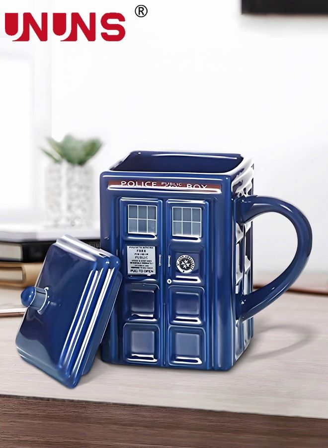 Coffee Mugs,Doctor Who Tardis Police Box Ceramic Coffee Mug,Square Shaped Ceramic Cup Coffee Cup With Lid,500 ML Tardis Mug For Tea Milk Or Other Drink, Creative Gift Kids Men Parents