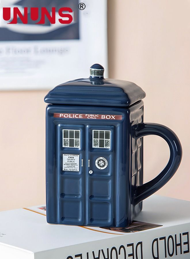 Coffee Mugs,Doctor Who Tardis Police Box Ceramic Coffee Mug,Square Shaped Ceramic Cup Coffee Cup With Lid,500 ML Tardis Mug For Tea Milk Or Other Drink, Creative Gift Kids Men Parents