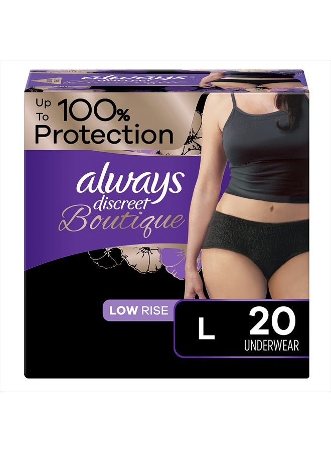 Boutique Adult Incontinence & Postpartum Underwear For Women, Low-Rise, Size Large, Black, Maximum Absorbency, Disposable, 20 Count (Packaging May Vary)