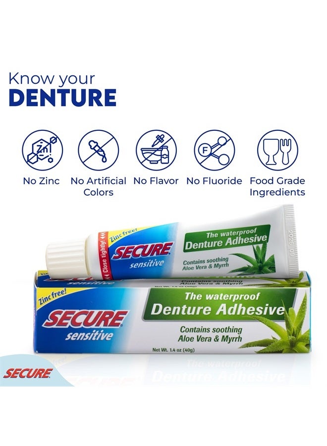 Sensitive Denture Adhesive with Aloe Vera & Myrrh – 12-Hour Max Hold – Patented Waterproof Seal – for All Denture Types – Food Grade Ingredients – FSA HSA Approved – 1.4 oz