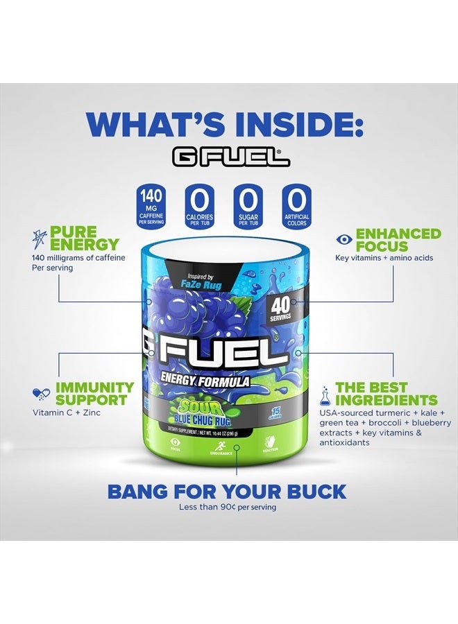 Faze Rug Energy Powder, Sugar Free, Clean Caffeine Focus Supplement, Water Mix, Sour Blue Raspberry Flavor, with Focus Amino, Vitamin + Antioxidants Blend - 10.44 oz (40 Servings)