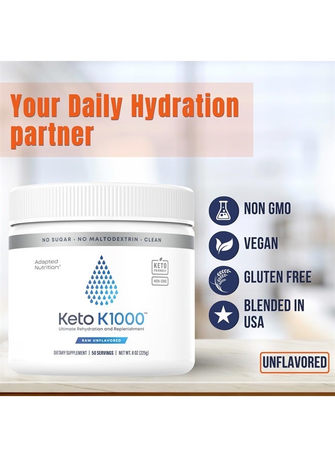 Keto K1000 Electrolyte Powder | Unflavored | Hydration Supplement Drink Mix | Boost Energy & Beat Leg Cramps | No Sugar, No Stevia, No Maltodextrin | 50 Servings