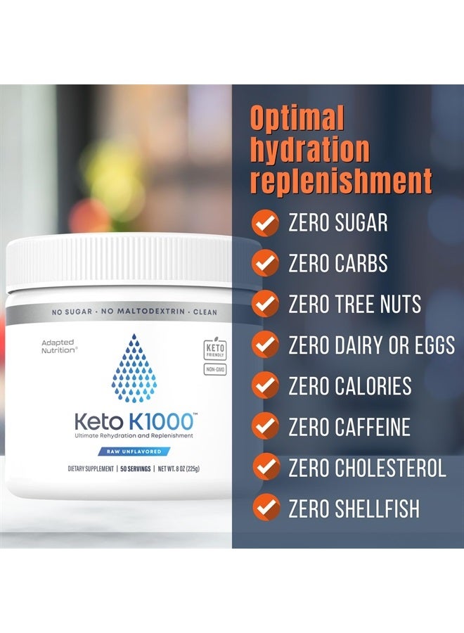 Keto K1000 Electrolyte Powder | Unflavored | Hydration Supplement Drink Mix | Boost Energy & Beat Leg Cramps | No Sugar, No Stevia, No Maltodextrin | 50 Servings