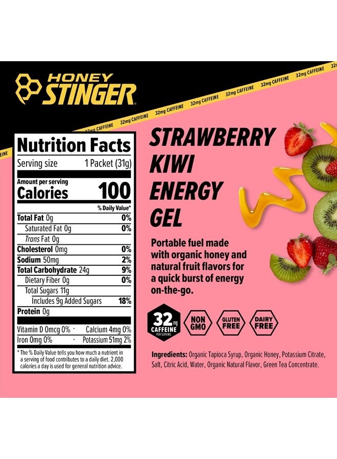 Strawberry Kiwi Energy Gel | Caffeinated & Gluten Free with Organic Honey | For Exercise, Running and Performance | Sports Nutrition for Home & Gym, Pre and Mid Workout | 24 Pack