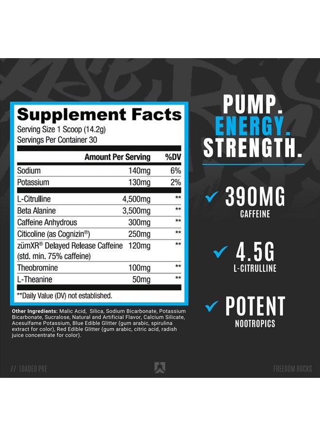 Loaded Pre Workout Powder Supplement for Men & Women | Pumps, Energy, Focus | Beta Alanine + Citrulline | 390mg Caffeine | 30 Servings (Freedom Rocks)