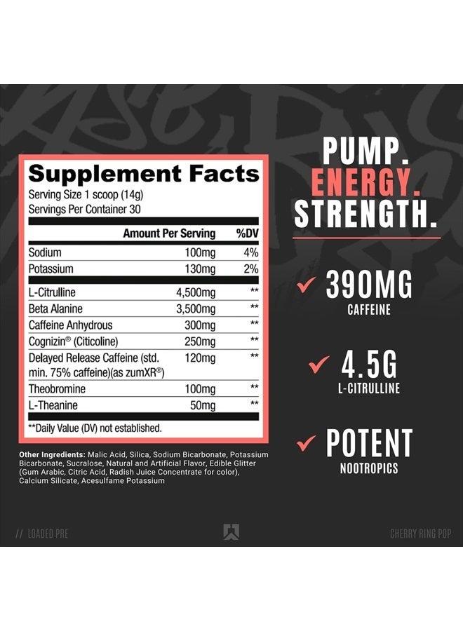 Loaded Pre Workout Powder Supplement for Men & Women | Pumps, Energy, Focus | Beta Alanine + Citrulline | 390mg Caffeine | 30 Servings (Cherry Ring Pop)