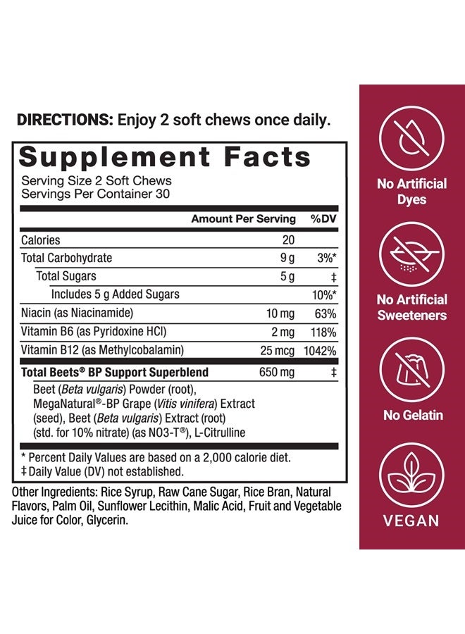 Total Beets Blood Pressure Support Supplements with Beet Powder, Great-Tasting Beets Chewables for Heart-Healthy Energy, and Increased Nitric Oxide, 60 Chews