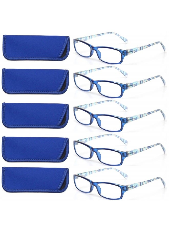 Reading Glasses 5 Pairs Fashion Ladies Readers Spring Hinge with Pattern Print Eyeglasses for Women (5 Pack Blue, 1.75)