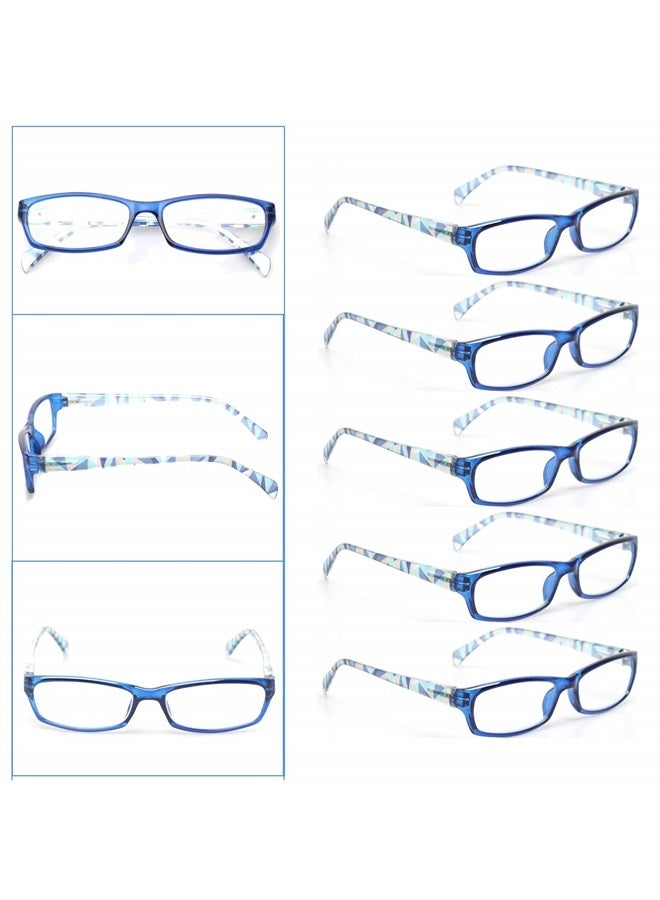 Reading Glasses 5 Pairs Fashion Ladies Readers Spring Hinge with Pattern Print Eyeglasses for Women (5 Pack Blue, 1.75)