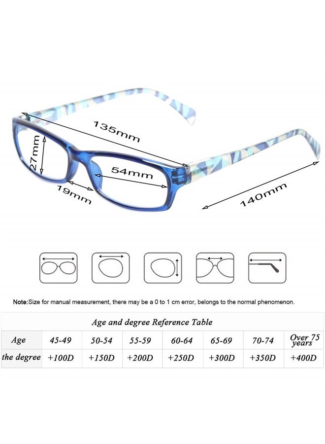 Reading Glasses 5 Pairs Fashion Ladies Readers Spring Hinge with Pattern Print Eyeglasses for Women (5 Pack Blue, 1.75)