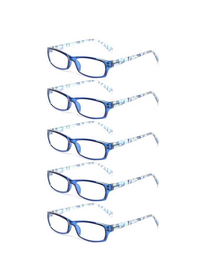 Reading Glasses 5 Pairs Fashion Ladies Readers Spring Hinge with Pattern Print Eyeglasses for Women (5 Pack Blue, 1.75)