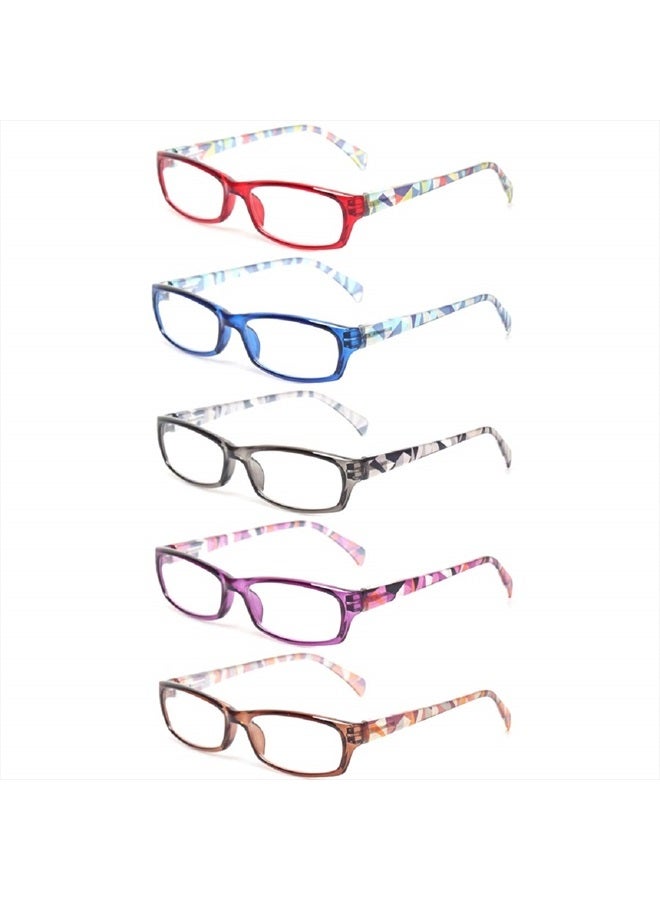 Reading Glasses 5 Pairs Fashion Ladies Readers Spring Hinge with Pattern Print Eyeglasses for Women (5 Pack Mix Color, 1.25)