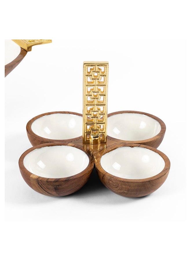 Damask Wooden Quad Bowl, White & Gold - 18x18 cm