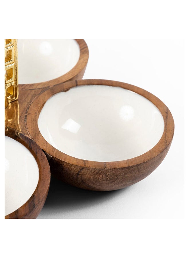 Damask Wooden Quad Bowl, White & Gold - 18x18 cm