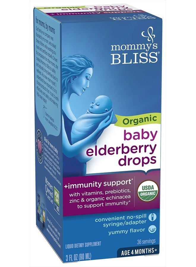 Organic Baby Elderberry Drops, Immune Support with Vitamins, Prebiotics, Zinc & Organic Echinacea, Age 4 Months +, 3 Fl Oz (36 Servings)