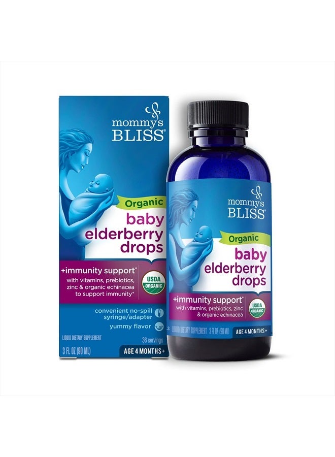 Organic Baby Elderberry Drops, Immune Support with Vitamins, Prebiotics, Zinc & Organic Echinacea, Age 4 Months +, 3 Fl Oz (36 Servings)