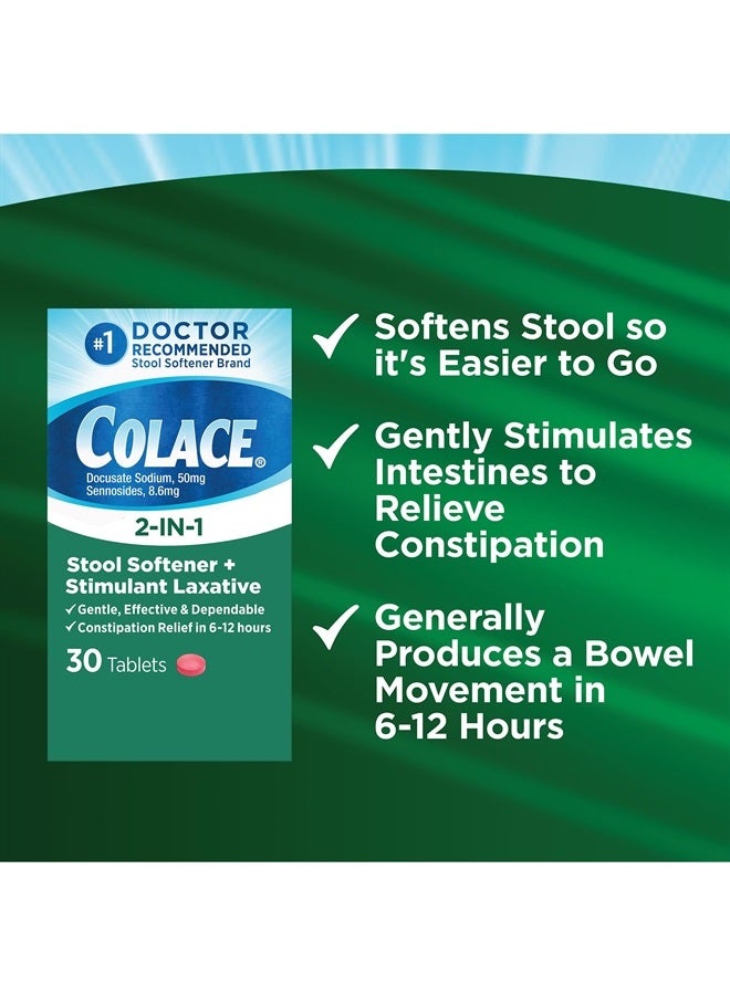 2-In-1 Stool Softener & Stimulant Laxative Tablets, Gentle Constipation Relief in 6-12 Hours, 30 Count