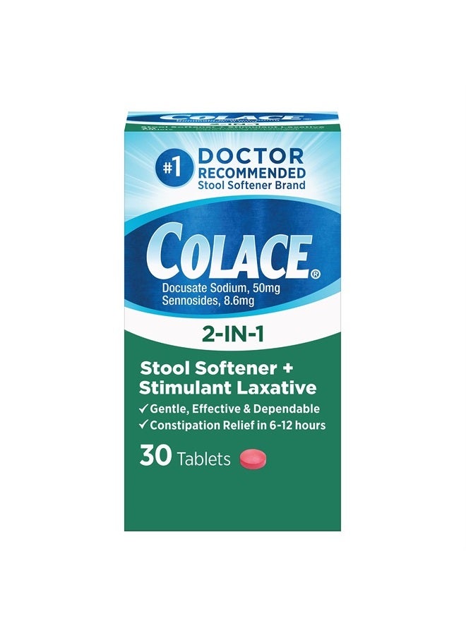 2-In-1 Stool Softener & Stimulant Laxative Tablets, Gentle Constipation Relief in 6-12 Hours, 30 Count